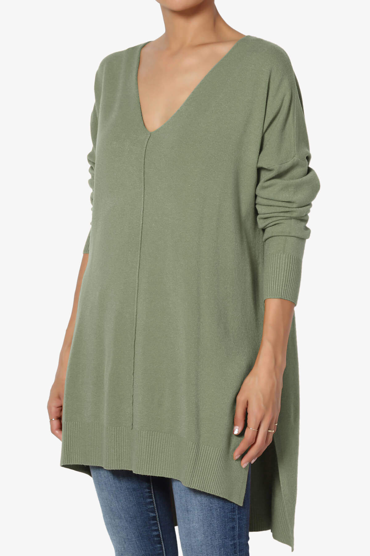 Katana Front Seam V-Neck Knit Sweater DUSTY OLIVE_3