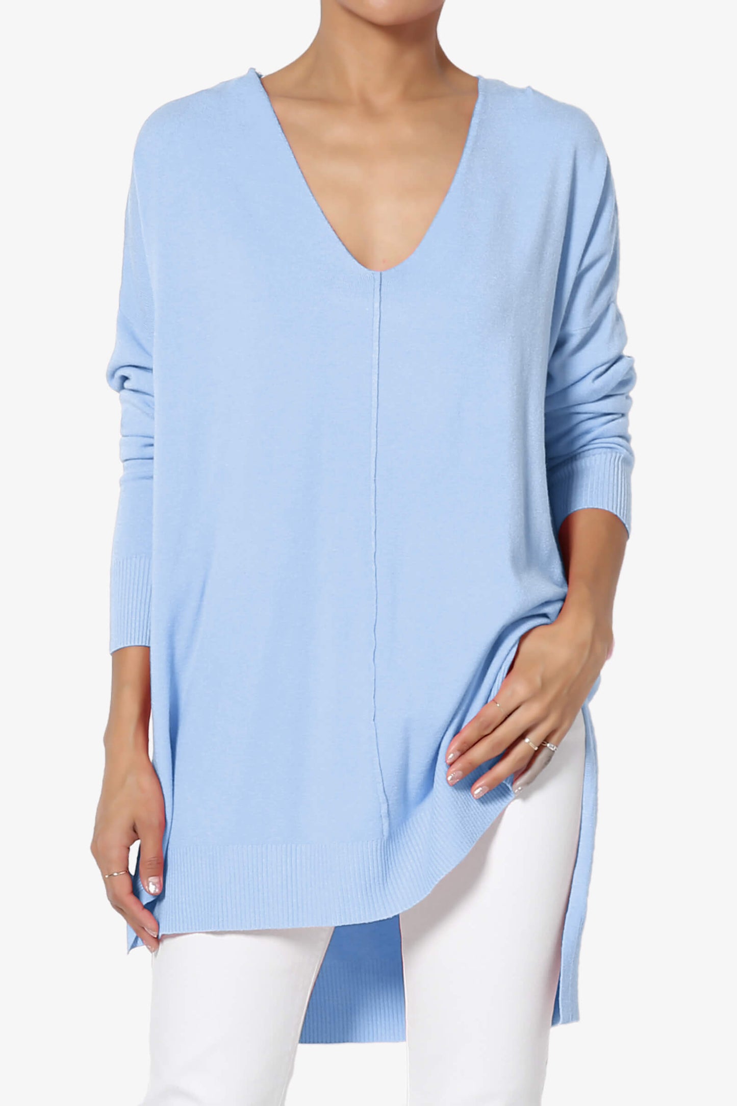 Katana Front Seam V-Neck Knit Sweater LIGHT BLUE_1