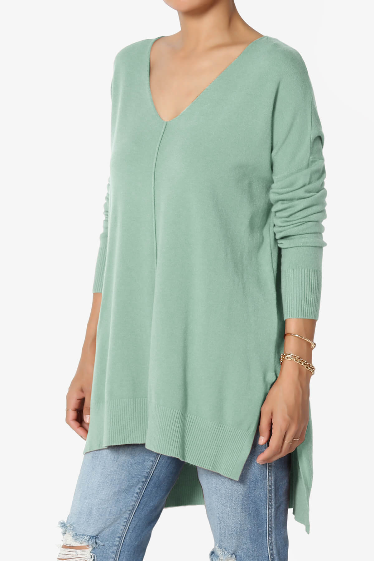 Katana Front Seam V-Neck Knit Sweater LIGHT GREEN_3