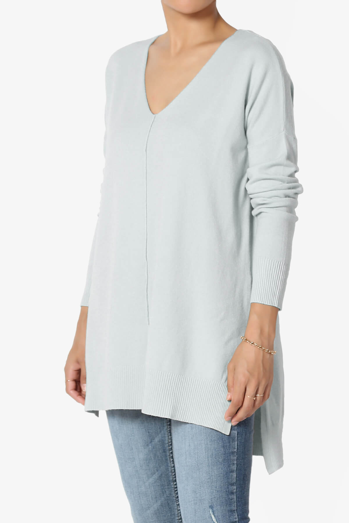 Katana Front Seam V-Neck Knit Sweater LIGHT GREY_3