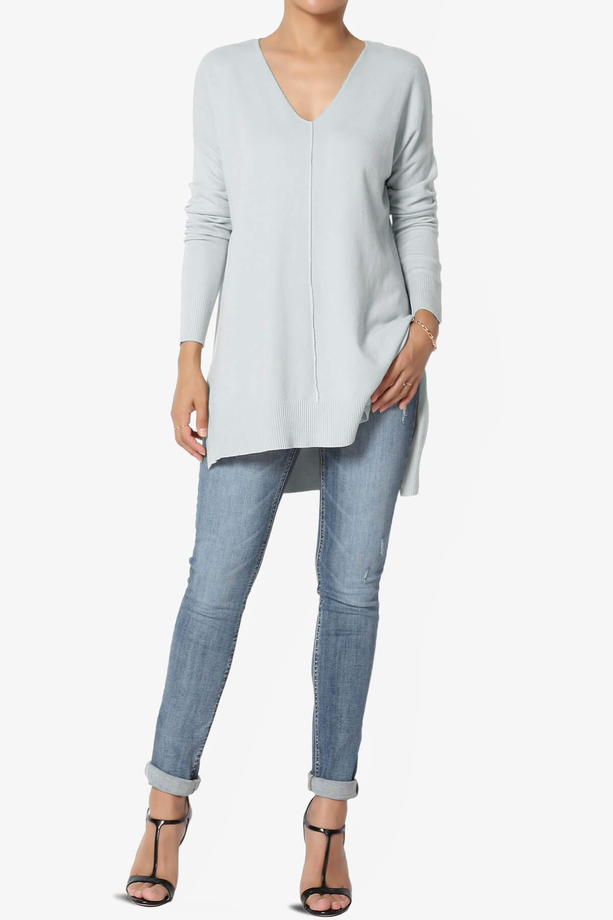 Katana Front Seam V-Neck Knit Sweater LIGHT GREY_6