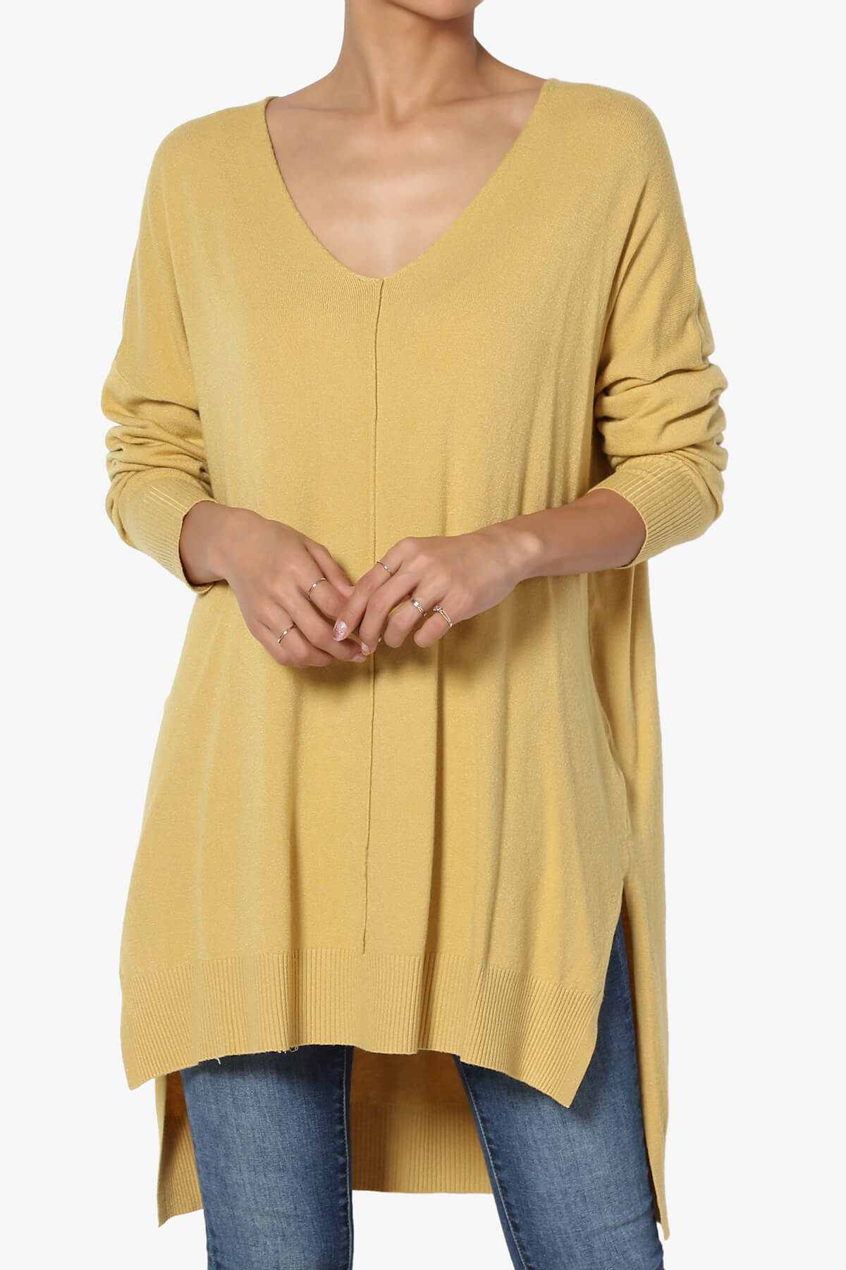 Katana Front Seam V-Neck Knit Sweater LIGHT MUSTARD_1