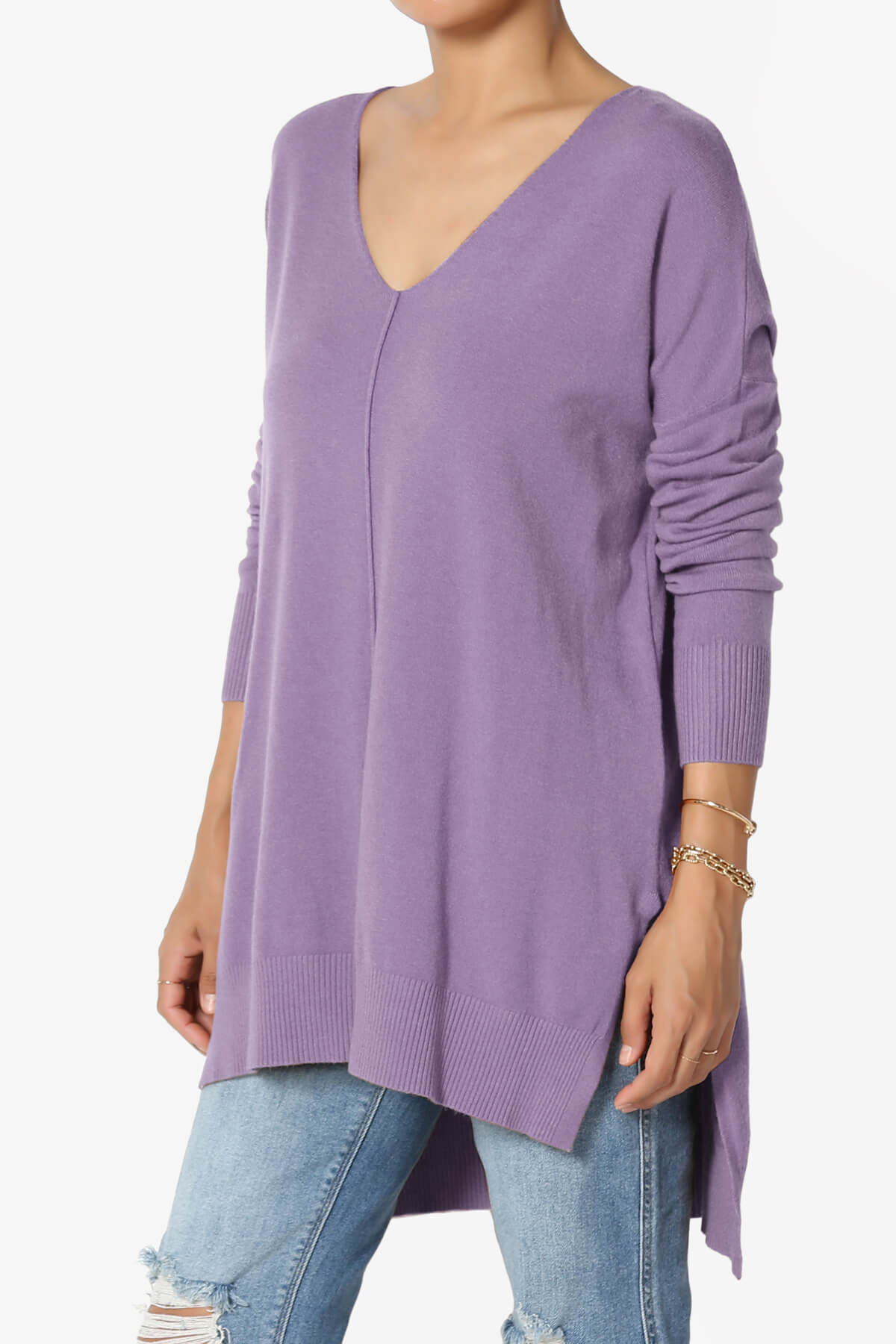 Katana Front Seam V-Neck Knit Sweater LILAC_3