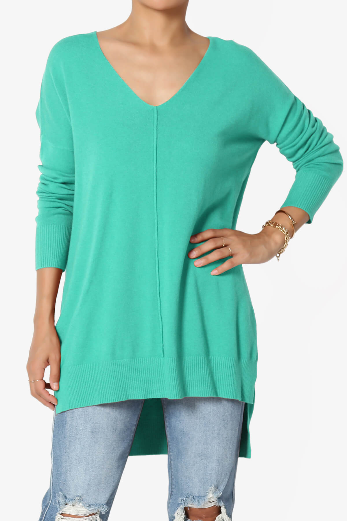 Katana Front Seam V-Neck Knit Sweater MINT_1