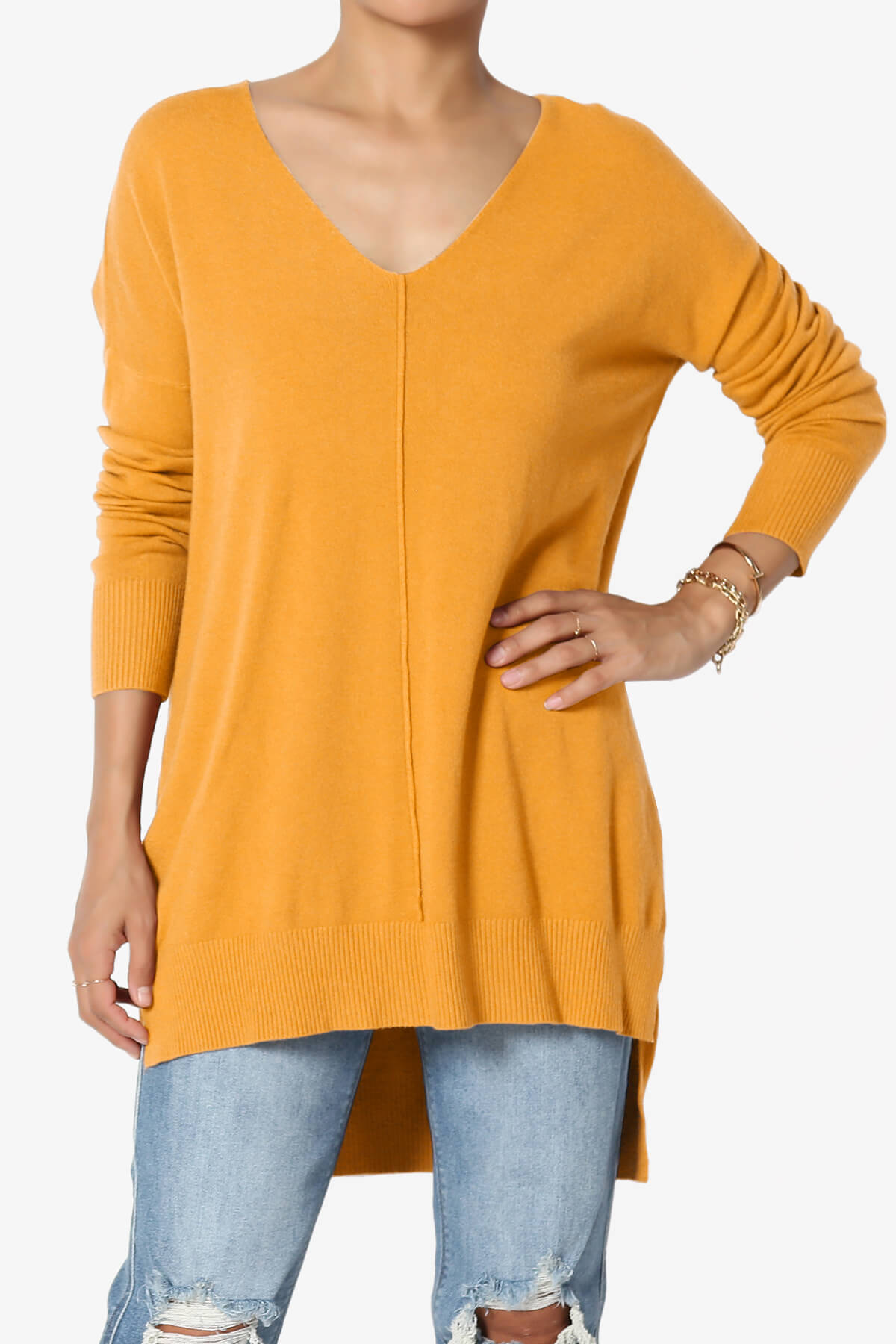 Katana Front Seam V-Neck Knit Sweater MUSTARD_1