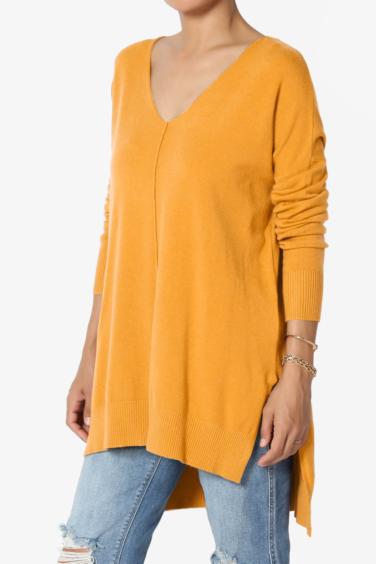 Katana Front Seam V-Neck Knit Sweater MUSTARD_3