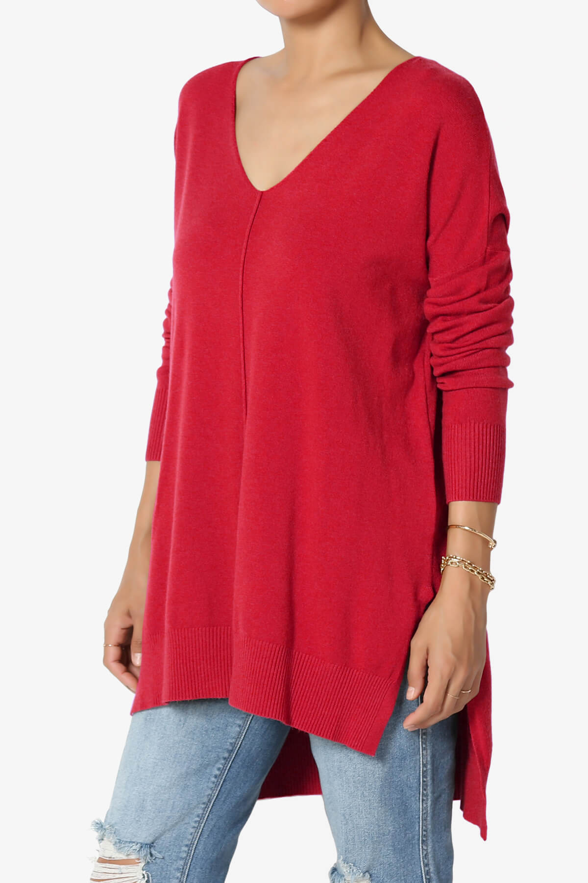 Katana Front Seam V-Neck Knit Sweater RED_3
