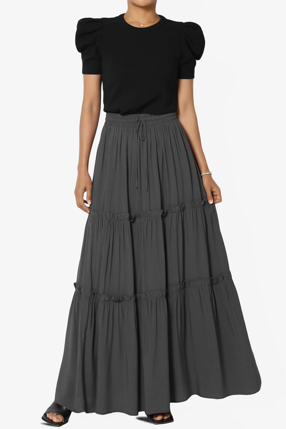 Kelton Ruffle Tiered Woven Maxi Skirt ASH GREY_6