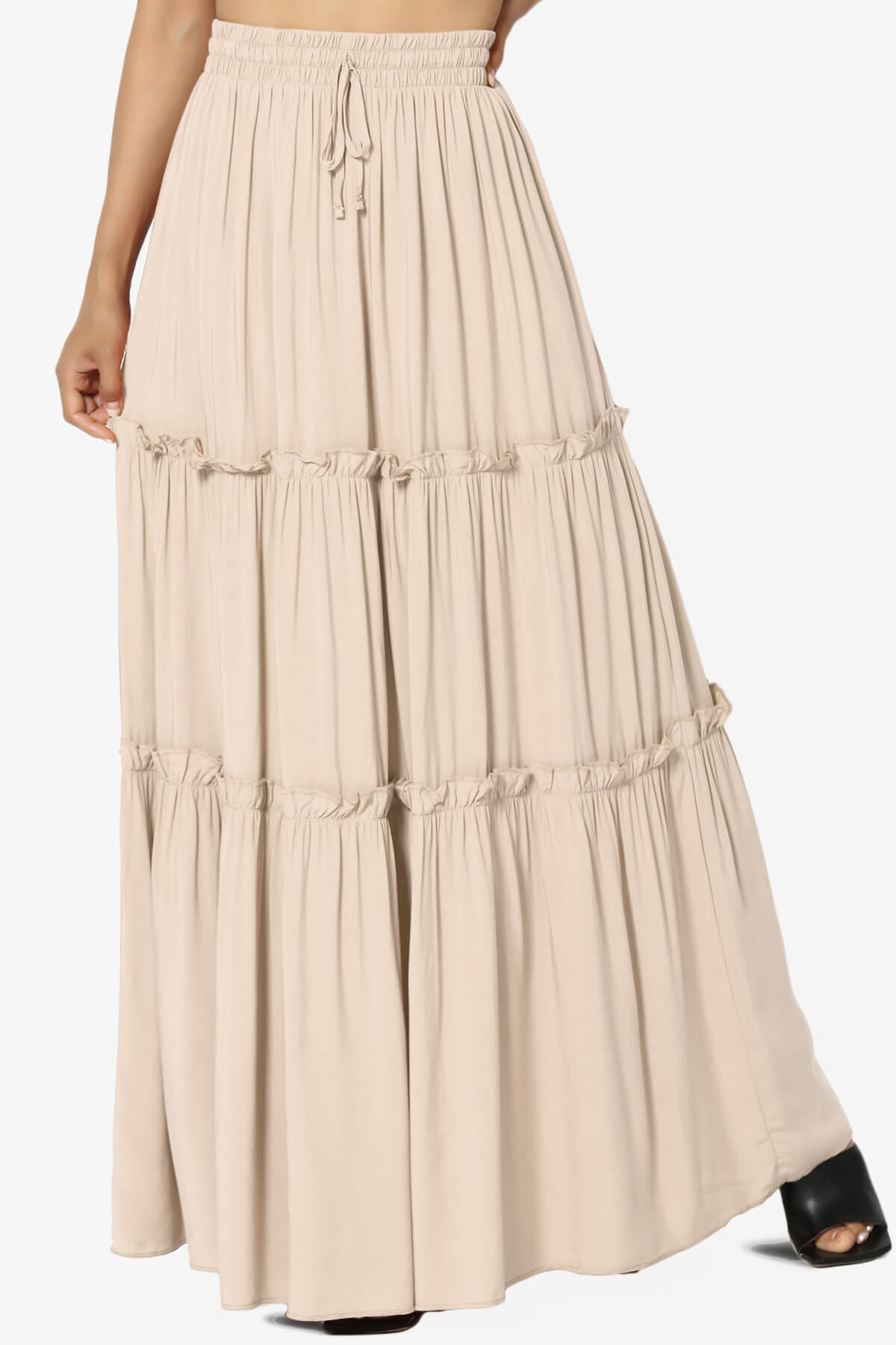 Kelton Ruffle Tiered Woven Maxi Skirt BEIGE_1