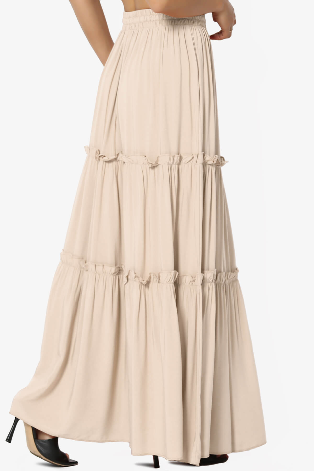 Kelton Ruffle Tiered Woven Maxi Skirt BEIGE_4