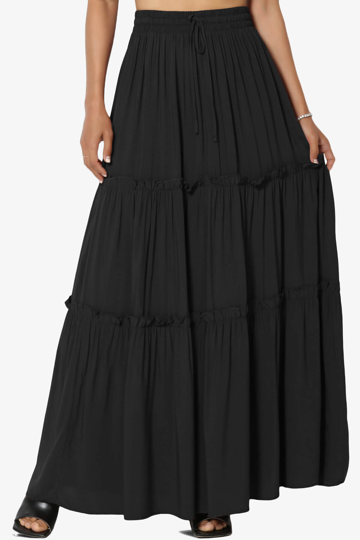 Kelton Ruffle Tiered Woven Maxi Skirt BLACK_1
