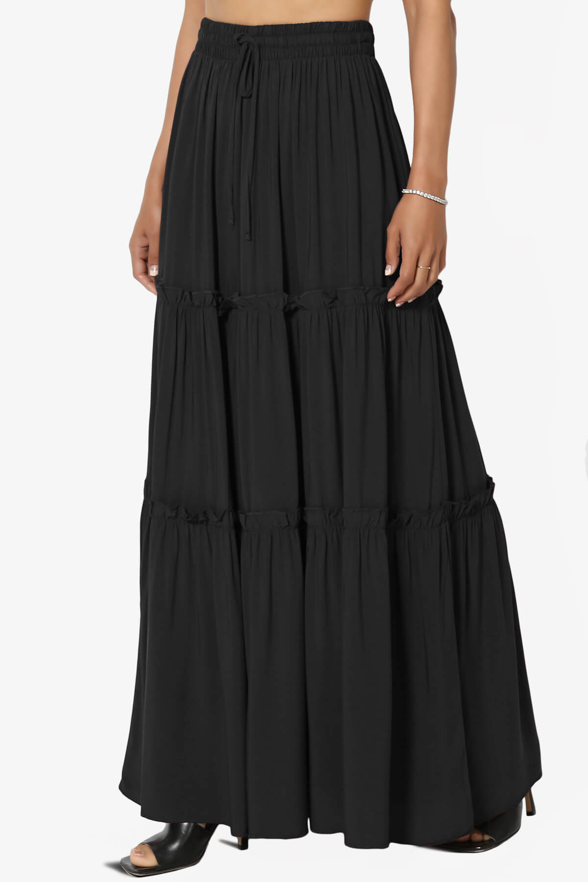 Kelton Ruffle Tiered Woven Maxi Skirt BLACK_3