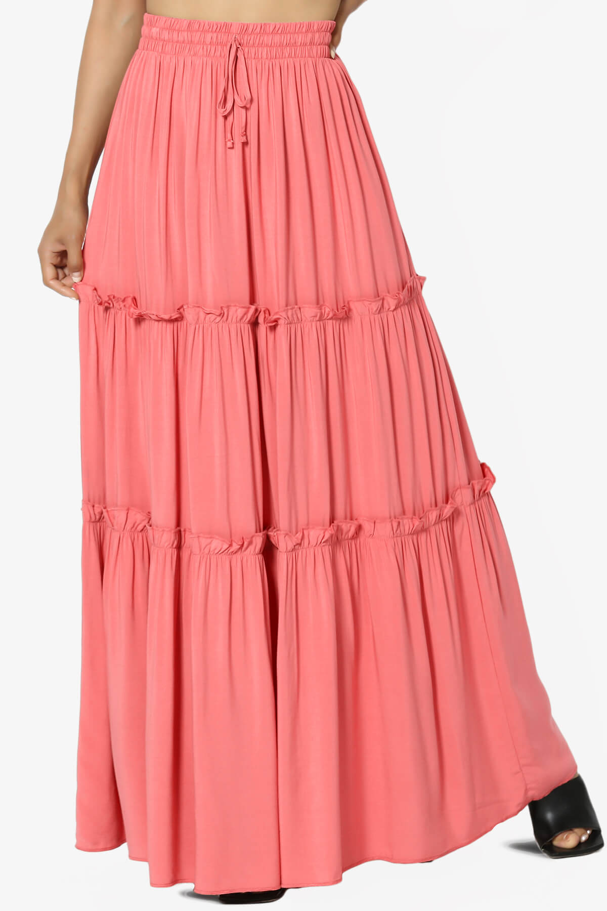 Kelton Ruffle Tiered Woven Maxi Skirt CORAL_1