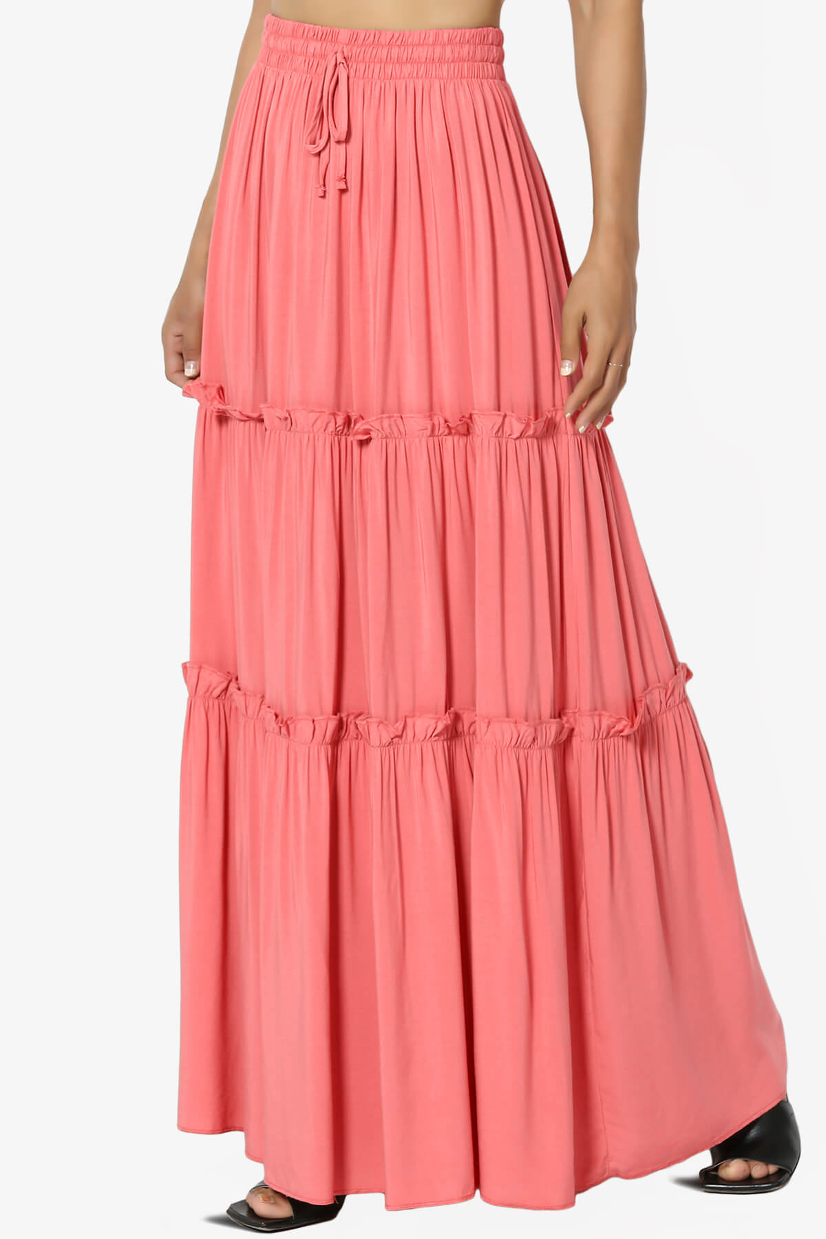 Kelton Ruffle Tiered Woven Maxi Skirt CORAL_3
