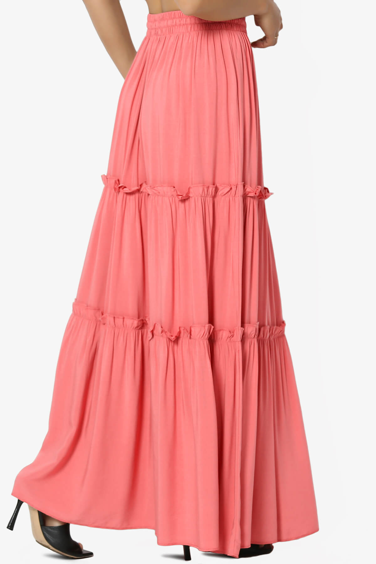 Kelton Ruffle Tiered Woven Maxi Skirt CORAL_4