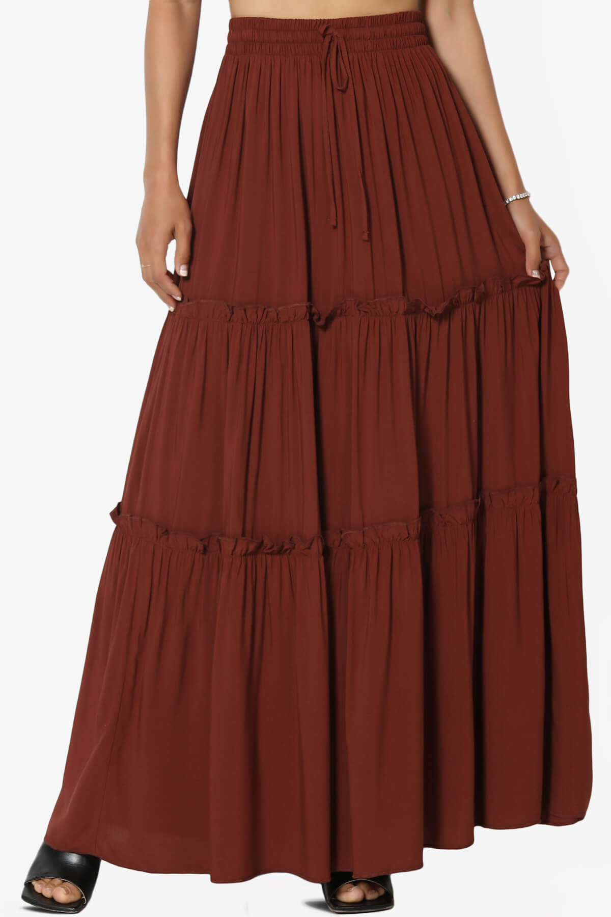 Kelton Ruffle Tiered Woven Maxi Skirt DARK RUST_1