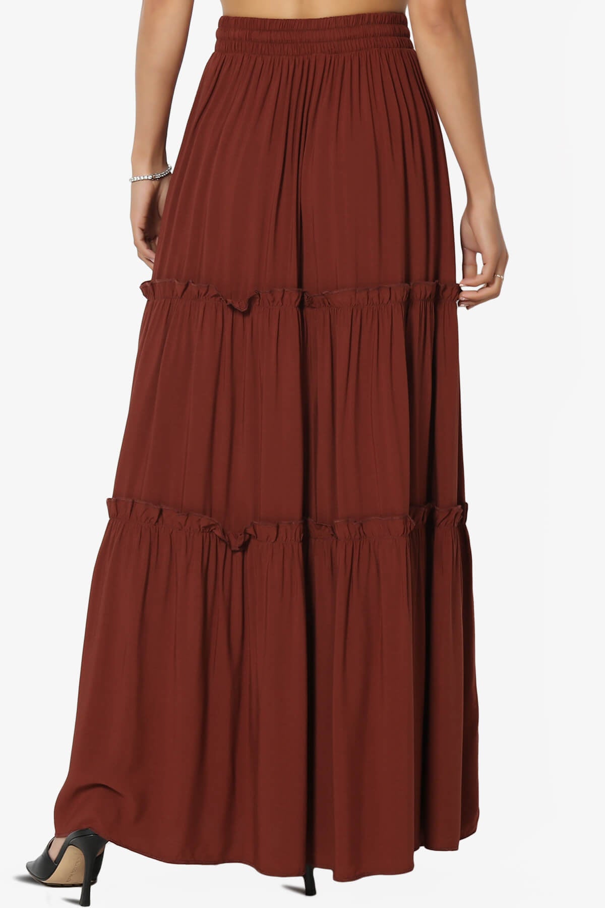 Kelton Ruffle Tiered Woven Maxi Skirt DARK RUST_2