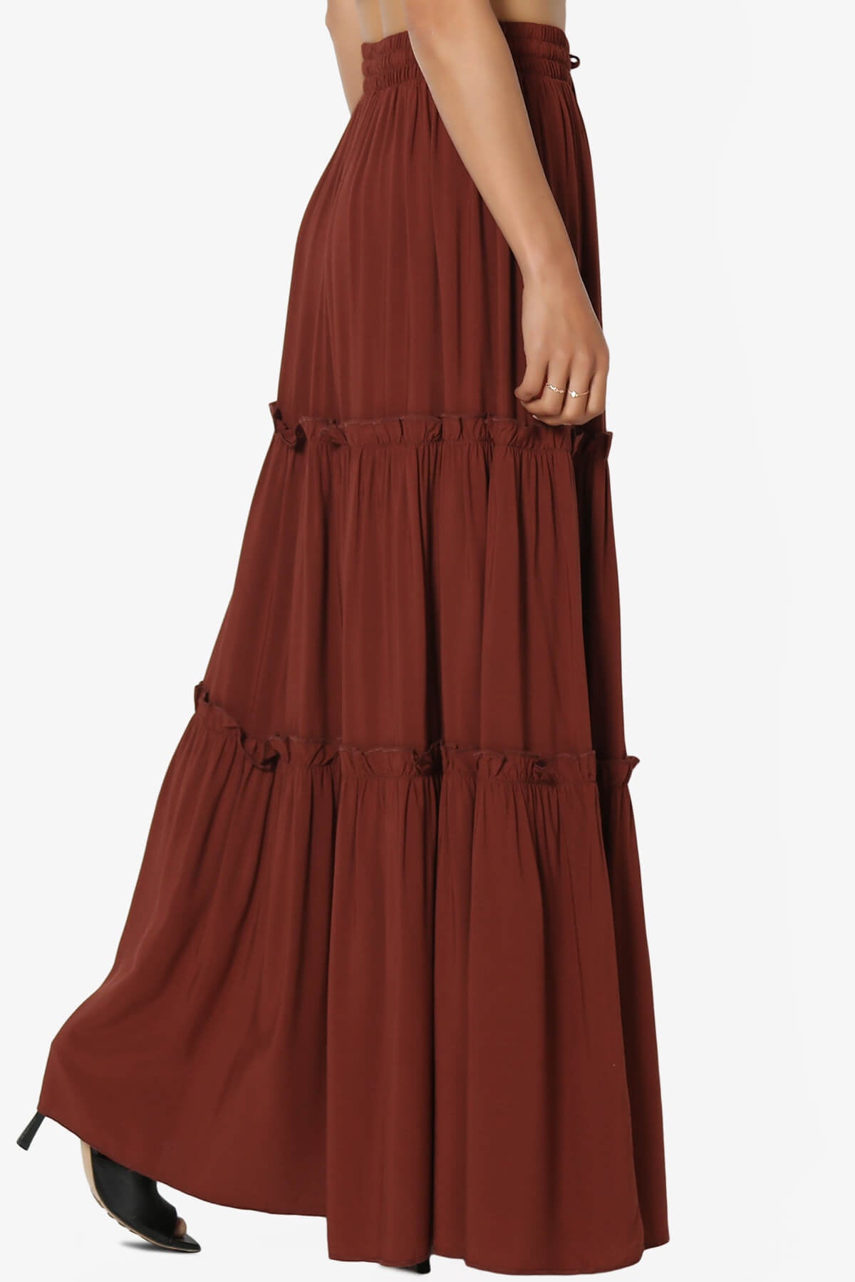 Kelton Ruffle Tiered Woven Maxi Skirt DARK RUST_4