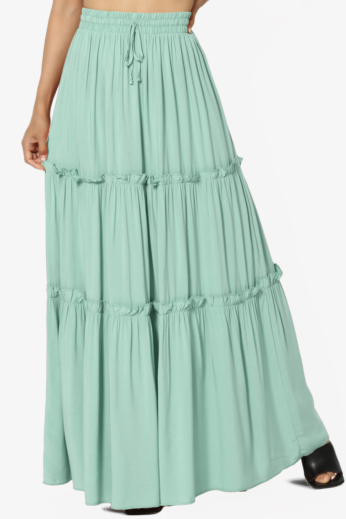Kelton Ruffle Tiered Woven Maxi Skirt DUSTY GREEN_1