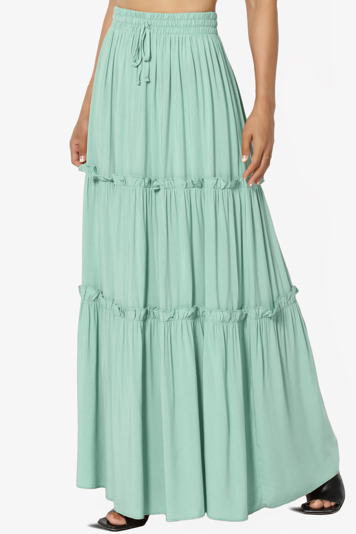 Kelton Ruffle Tiered Woven Maxi Skirt DUSTY GREEN_3