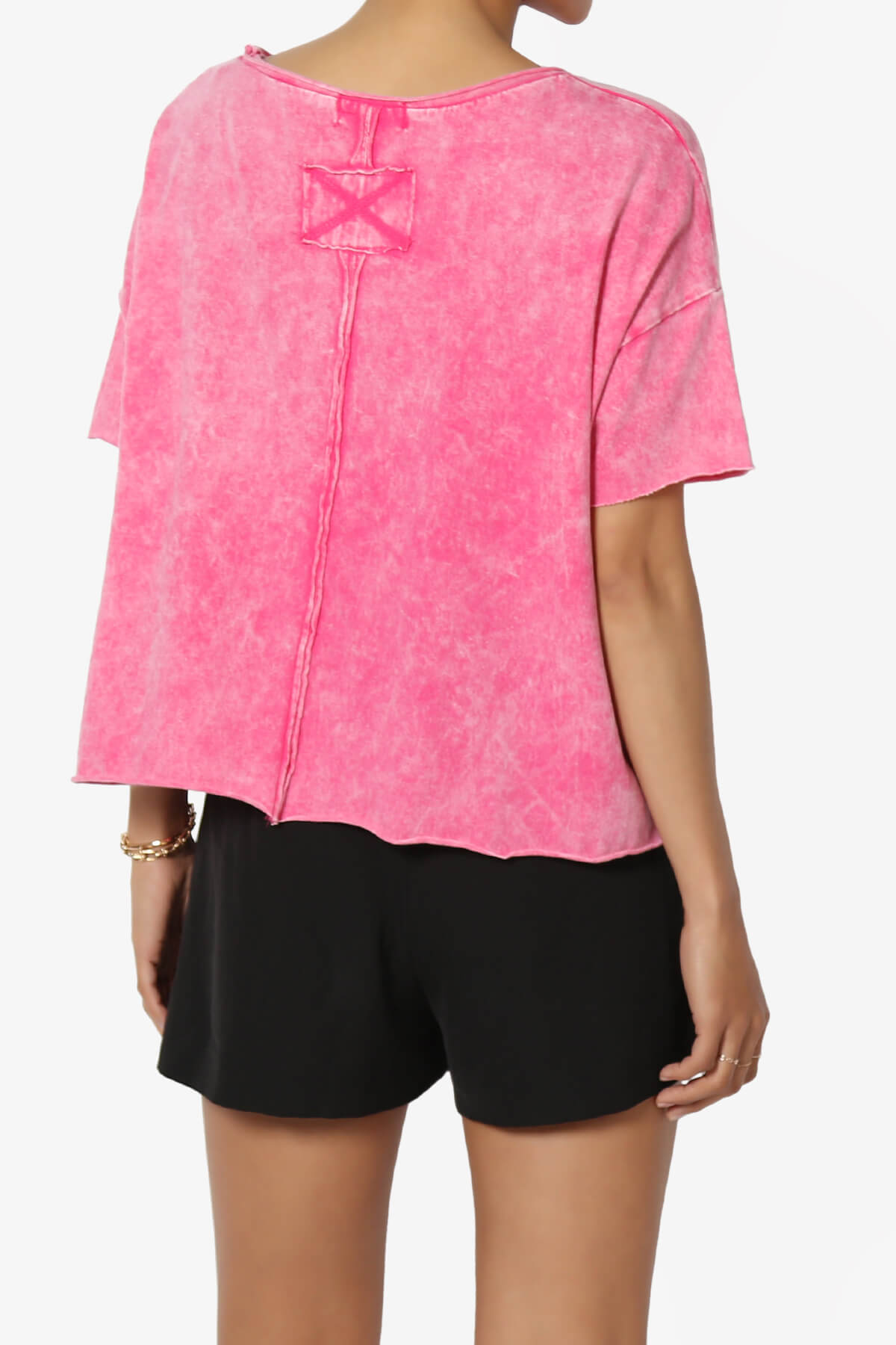 Kiralin Acid Wash Short Sleeve Crop T-Shirt HOT PINK_2