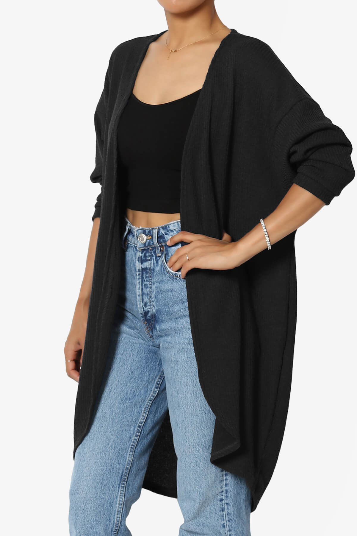Lexa Ribbed Knit Open Front Cardigan BLACK_3