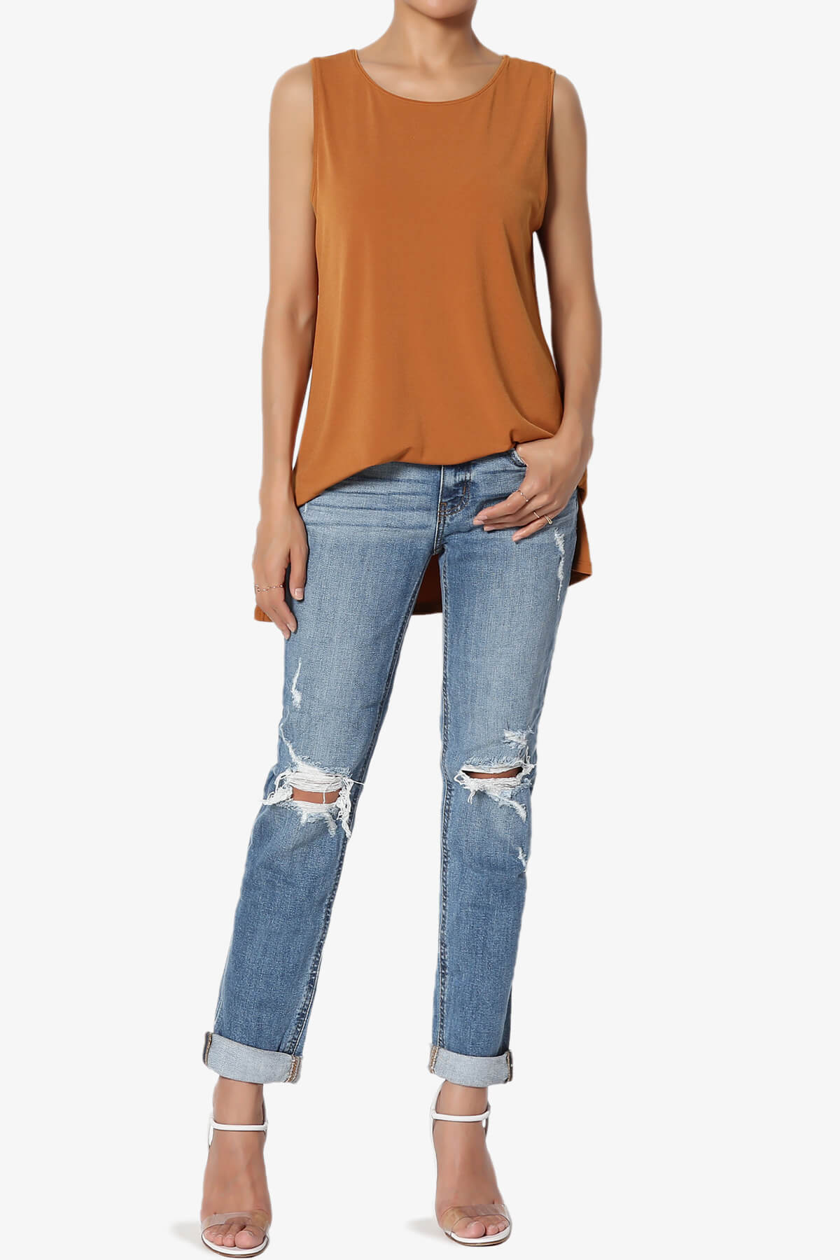 Lilly Sleeveless Side Slit Fluid Knit Tank Top ALMOND_6