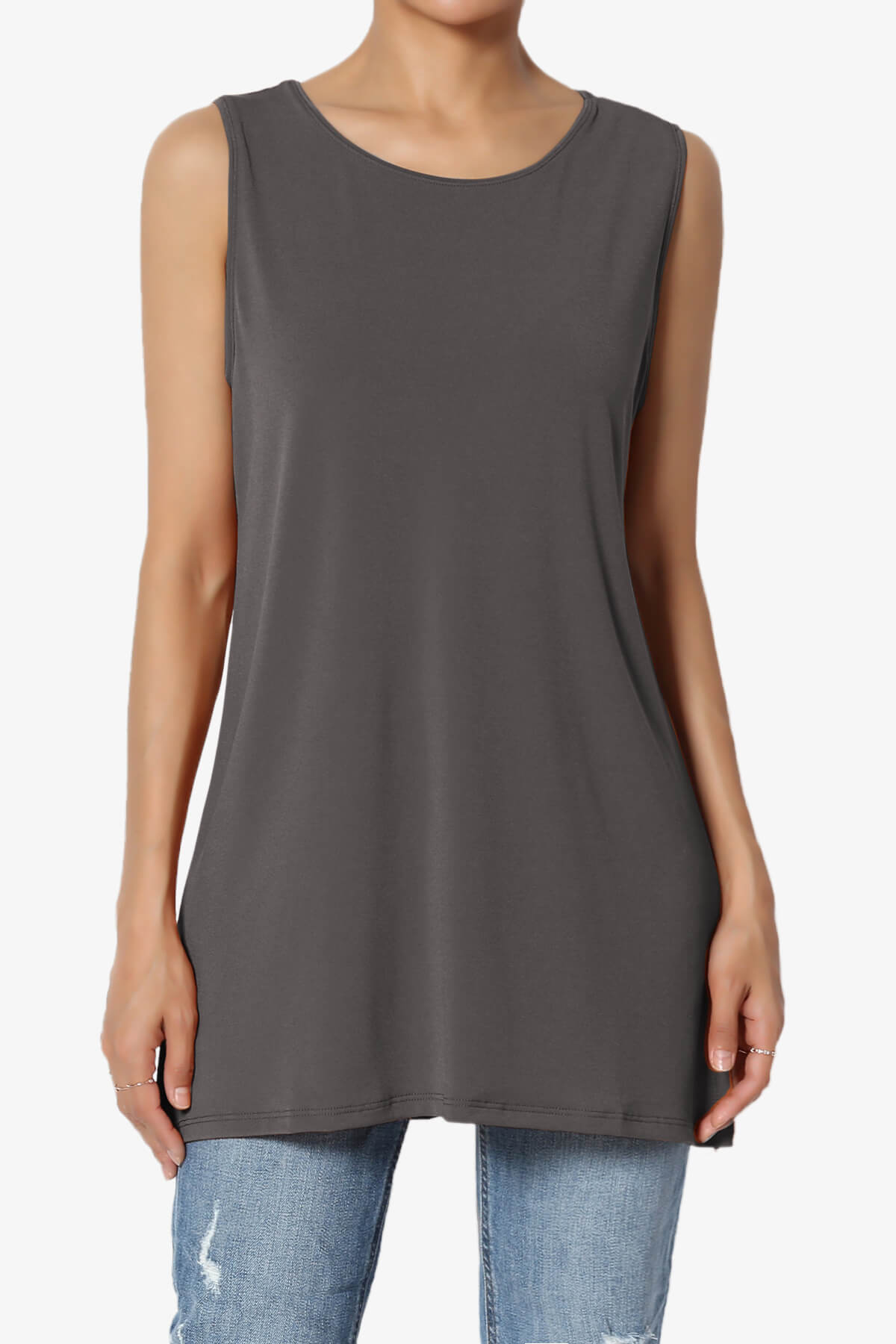 Lilly Sleeveless Side Slit Fluid Knit Tank Top ASH GREY_1
