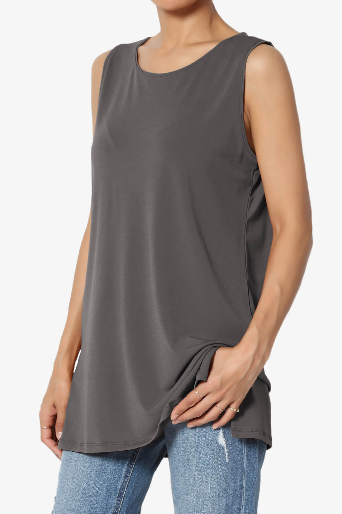 Lilly Sleeveless Side Slit Fluid Knit Tank Top ASH GREY_3