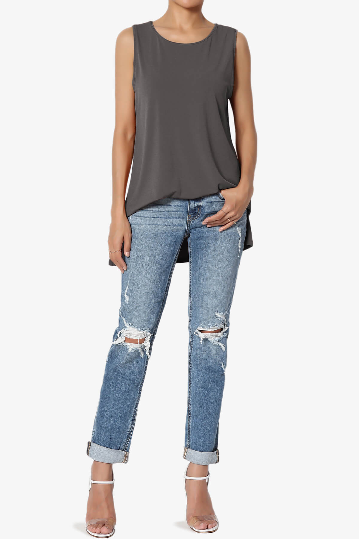 Lilly Sleeveless Side Slit Fluid Knit Tank Top ASH GREY_6