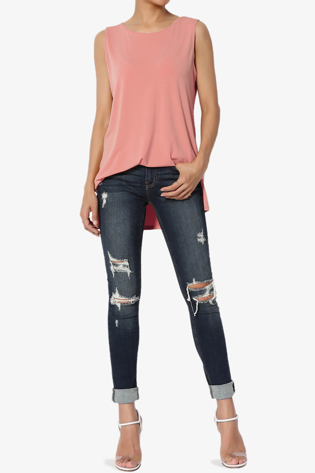 Lilly Sleeveless Side Slit Fluid Knit Tank Top ASH ROSE_6