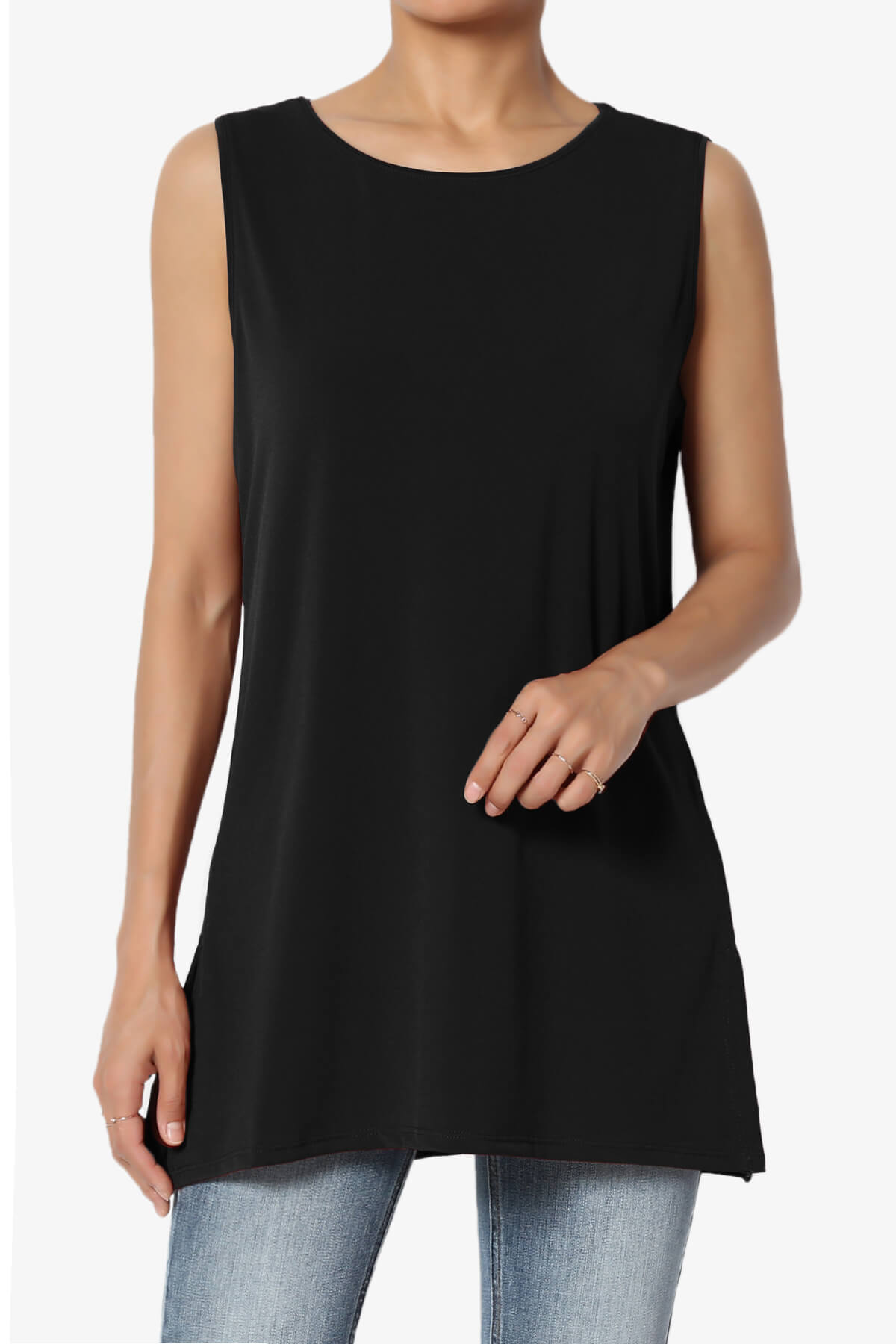 Lilly Sleeveless Side Slit Fluid Knit Tank Top BLACK_1