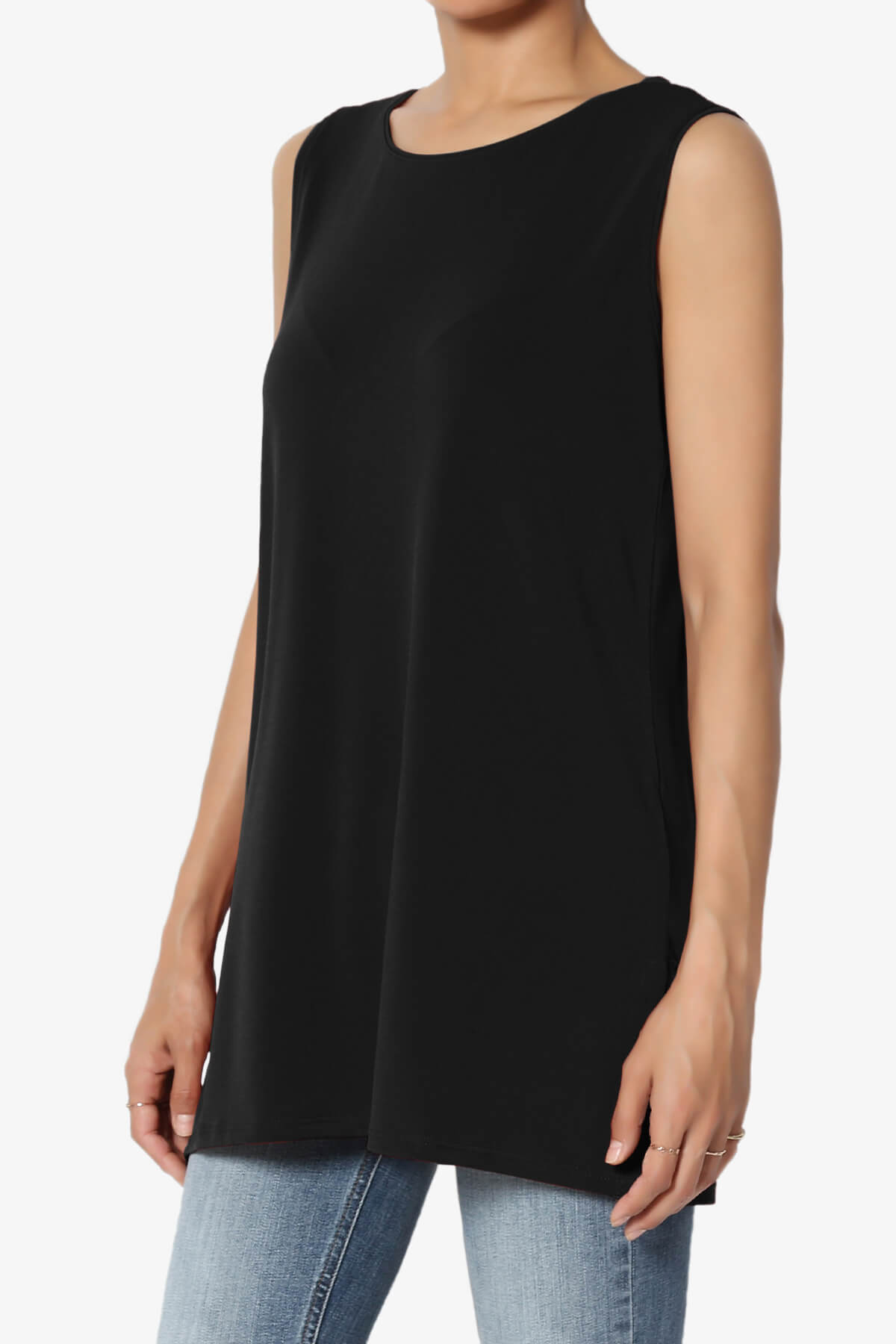 Lilly Sleeveless Side Slit Fluid Knit Tank Top BLACK_3