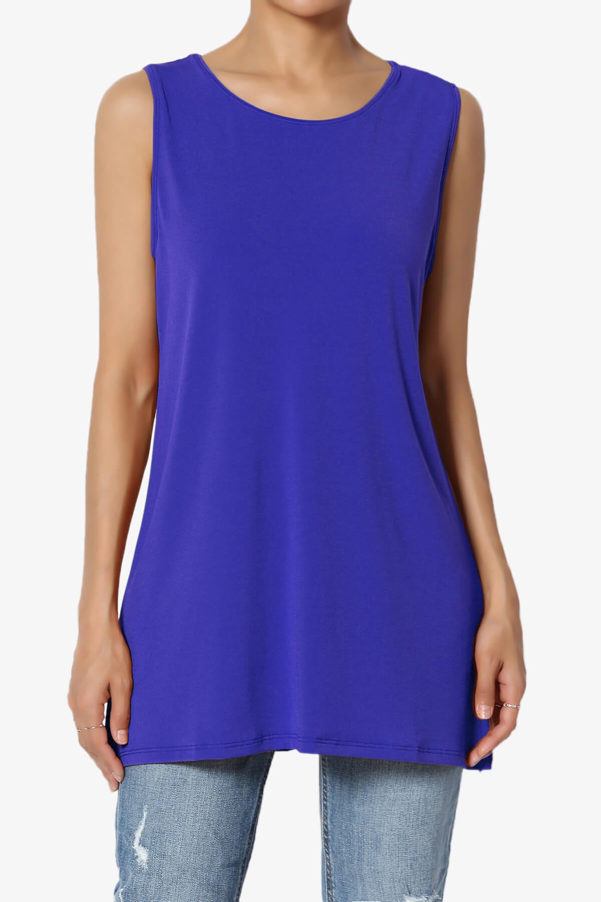 Lilly Sleeveless Side Slit Fluid Knit Tank Top BRIGHT BLUE_1