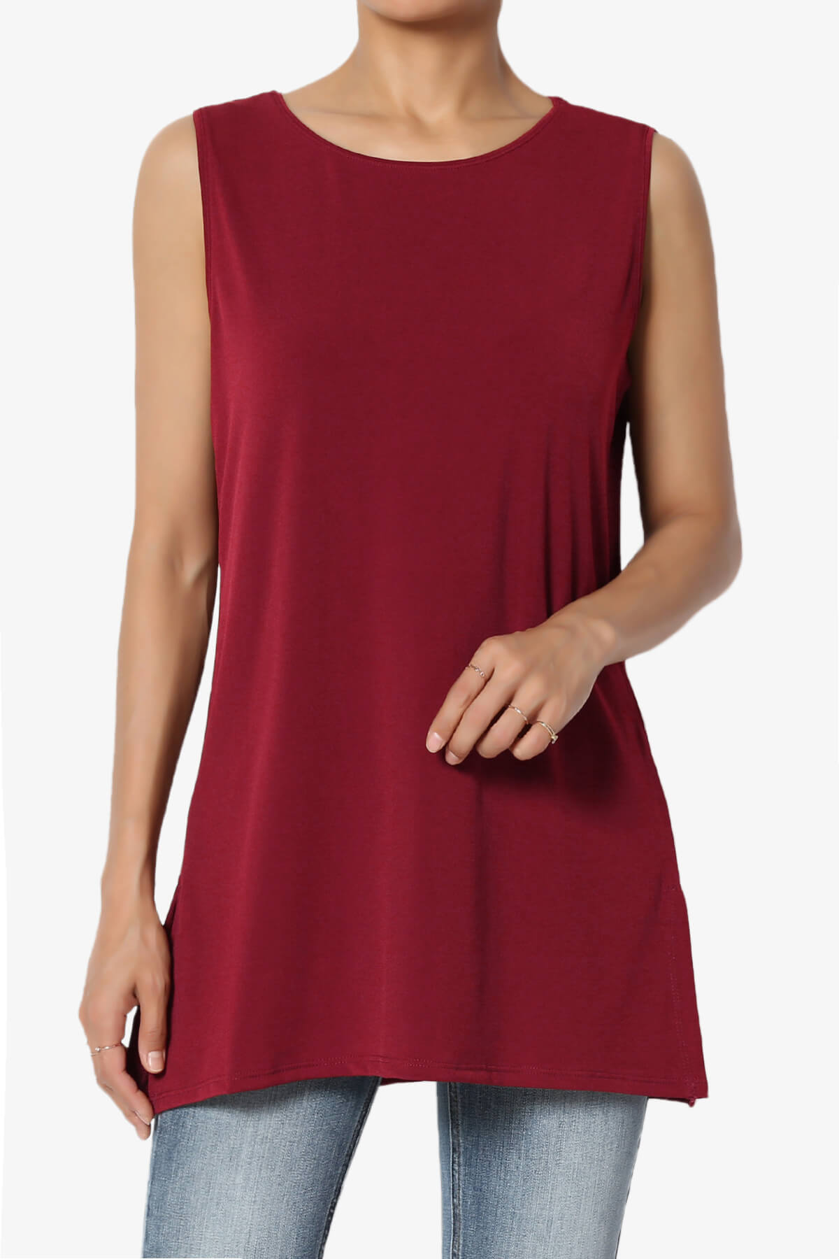 Lilly Sleeveless Side Slit Fluid Knit Tank Top BURGUNDY_1