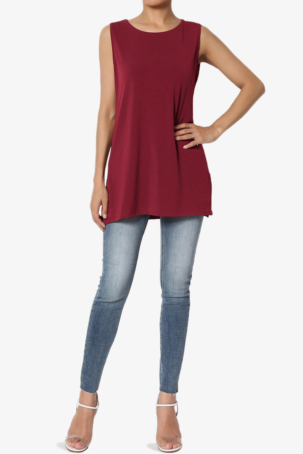 Lilly Sleeveless Side Slit Fluid Knit Tank Top BURGUNDY_6