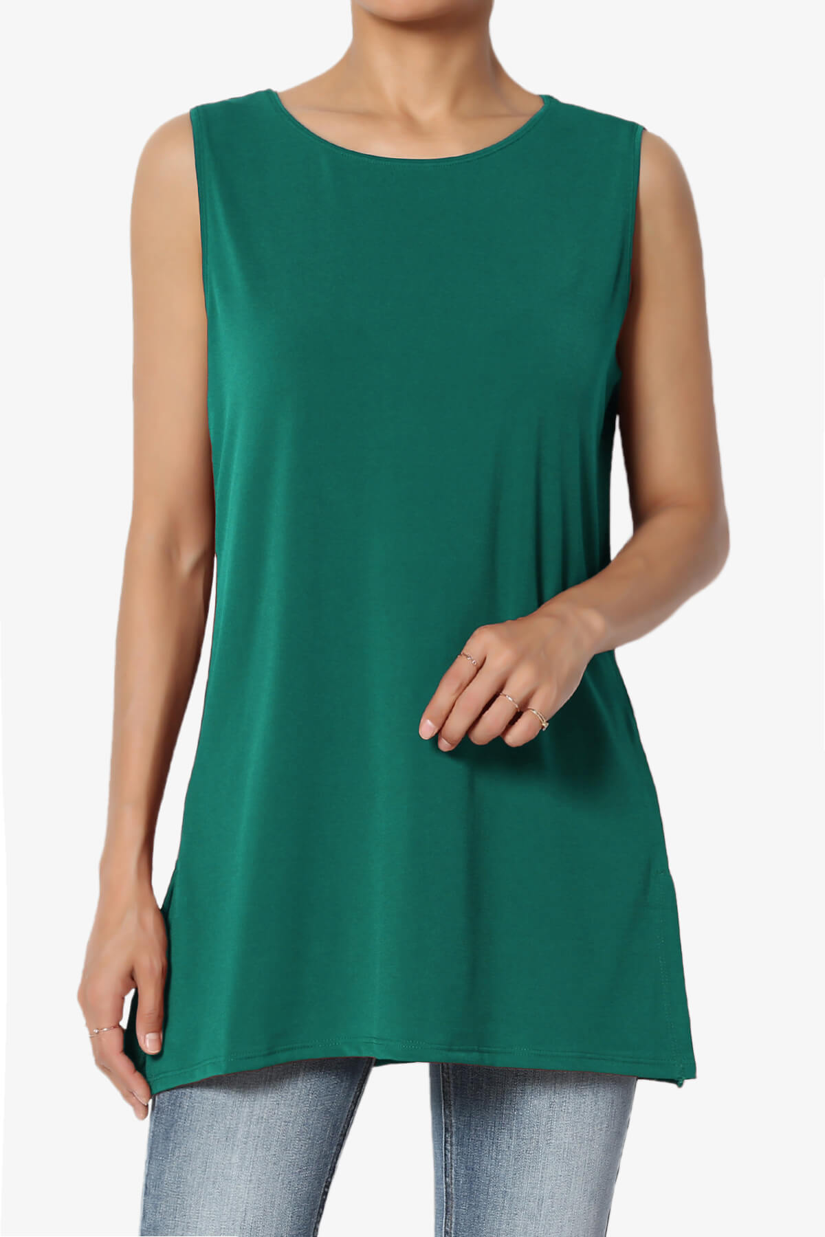 Lilly Sleeveless Side Slit Fluid Knit Tank Top DARK GREEN_1