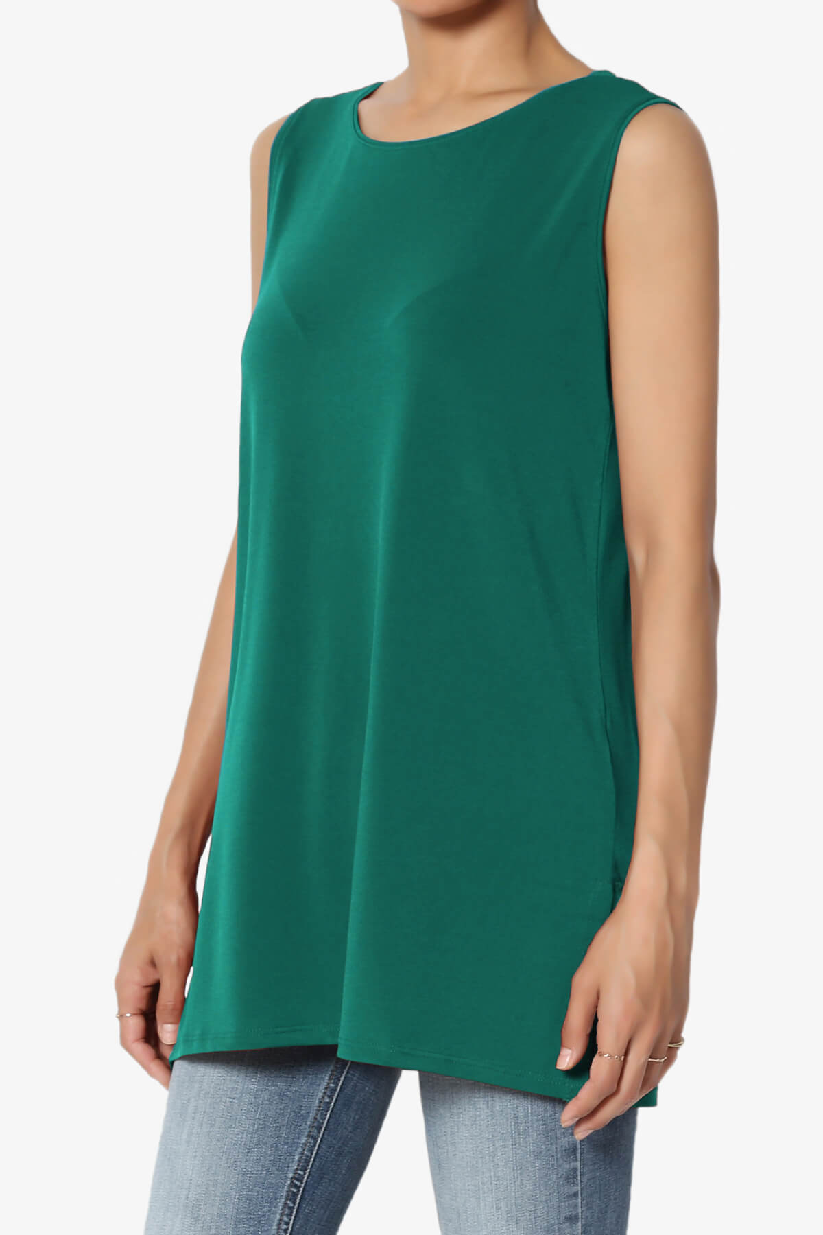 Lilly Sleeveless Side Slit Fluid Knit Tank Top DARK GREEN_3