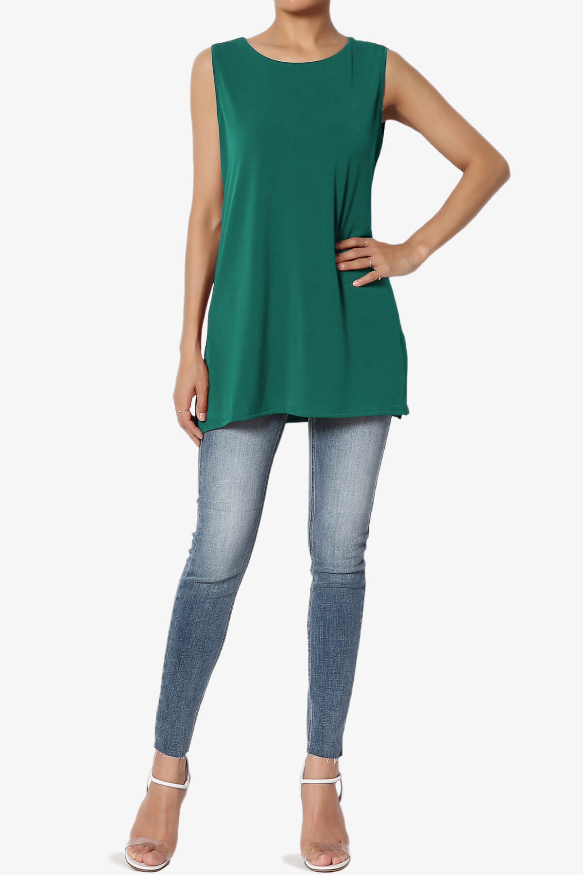 Lilly Sleeveless Side Slit Fluid Knit Tank Top DARK GREEN_6