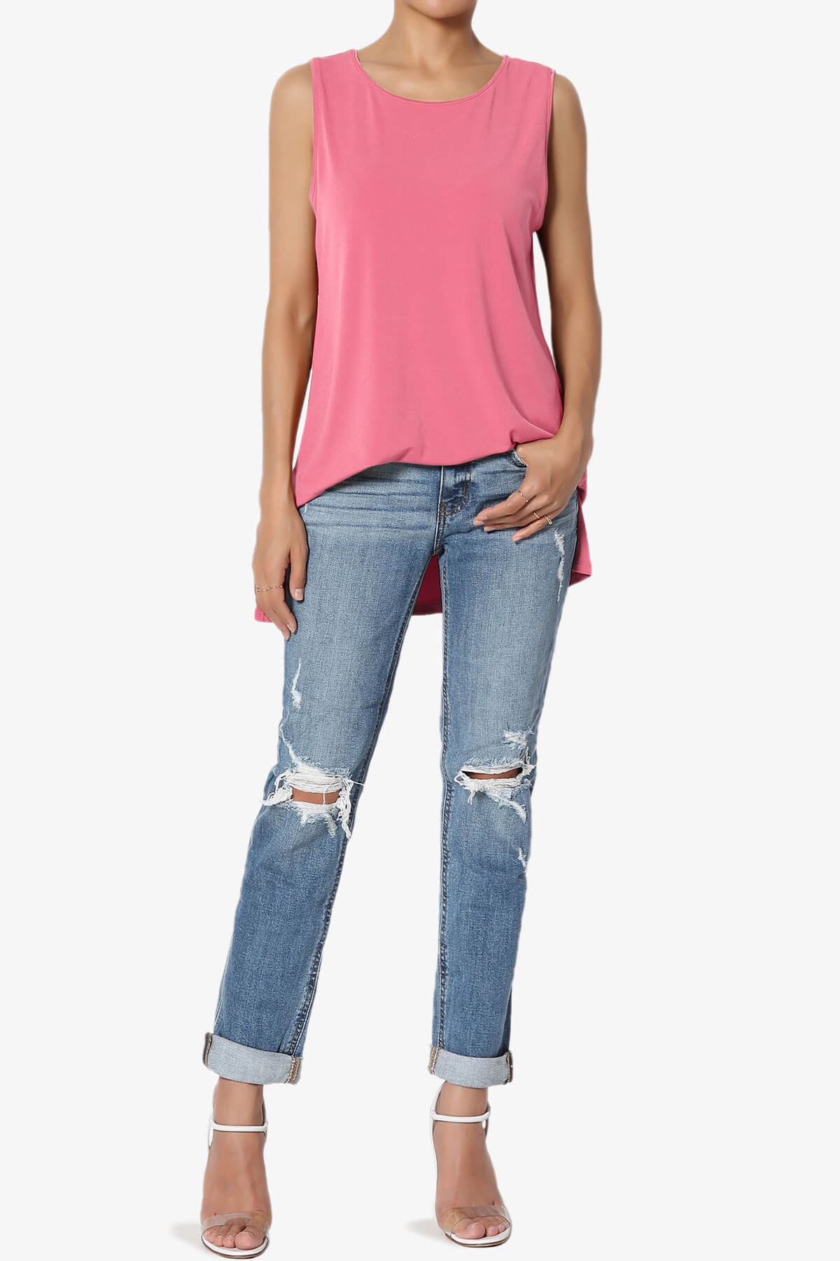 Lilly Sleeveless Side Slit Fluid Knit Tank Top DESERT ROSE_6