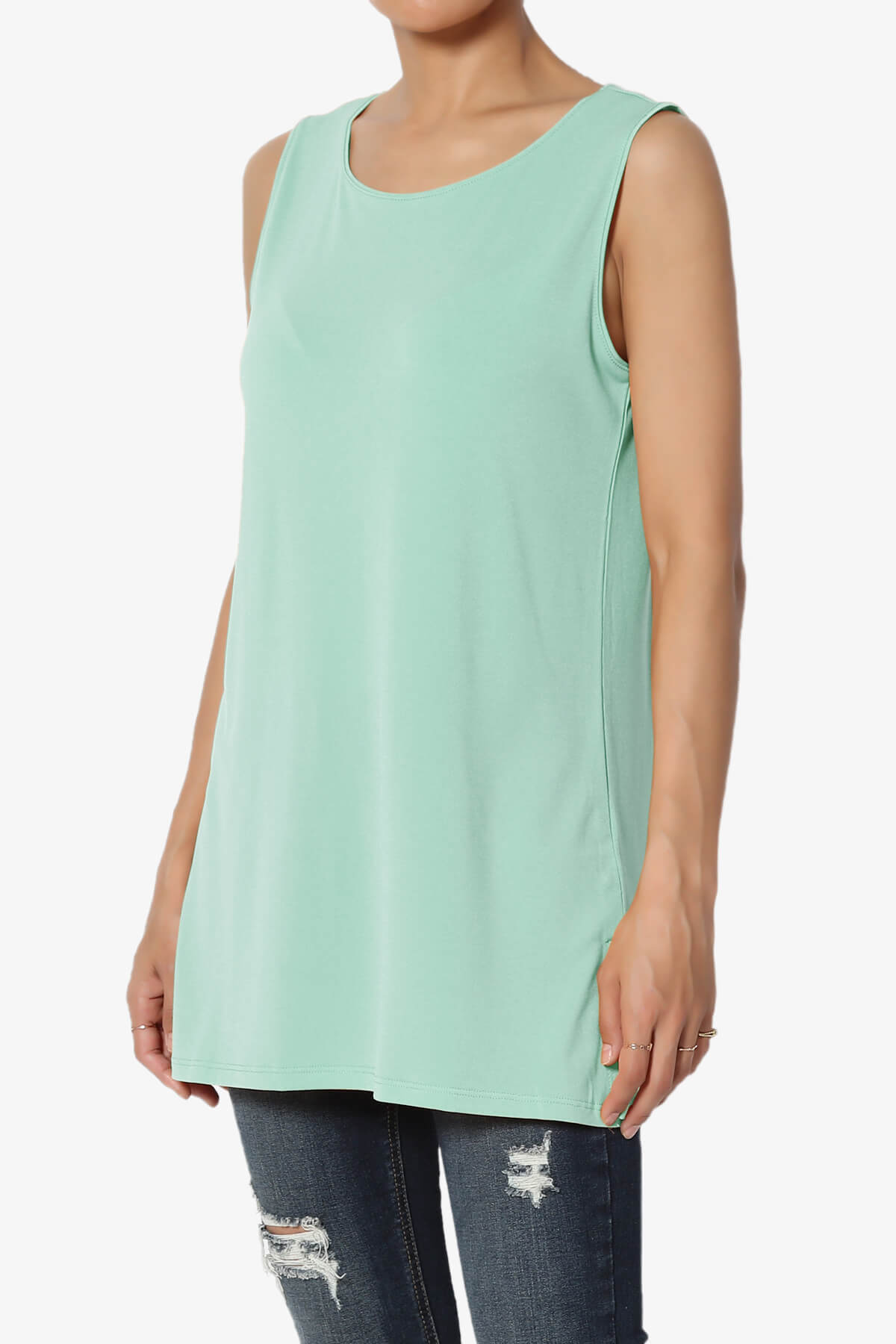 Lilly Sleeveless Side Slit Fluid Knit Tank Top DUSTY GREEN_3
