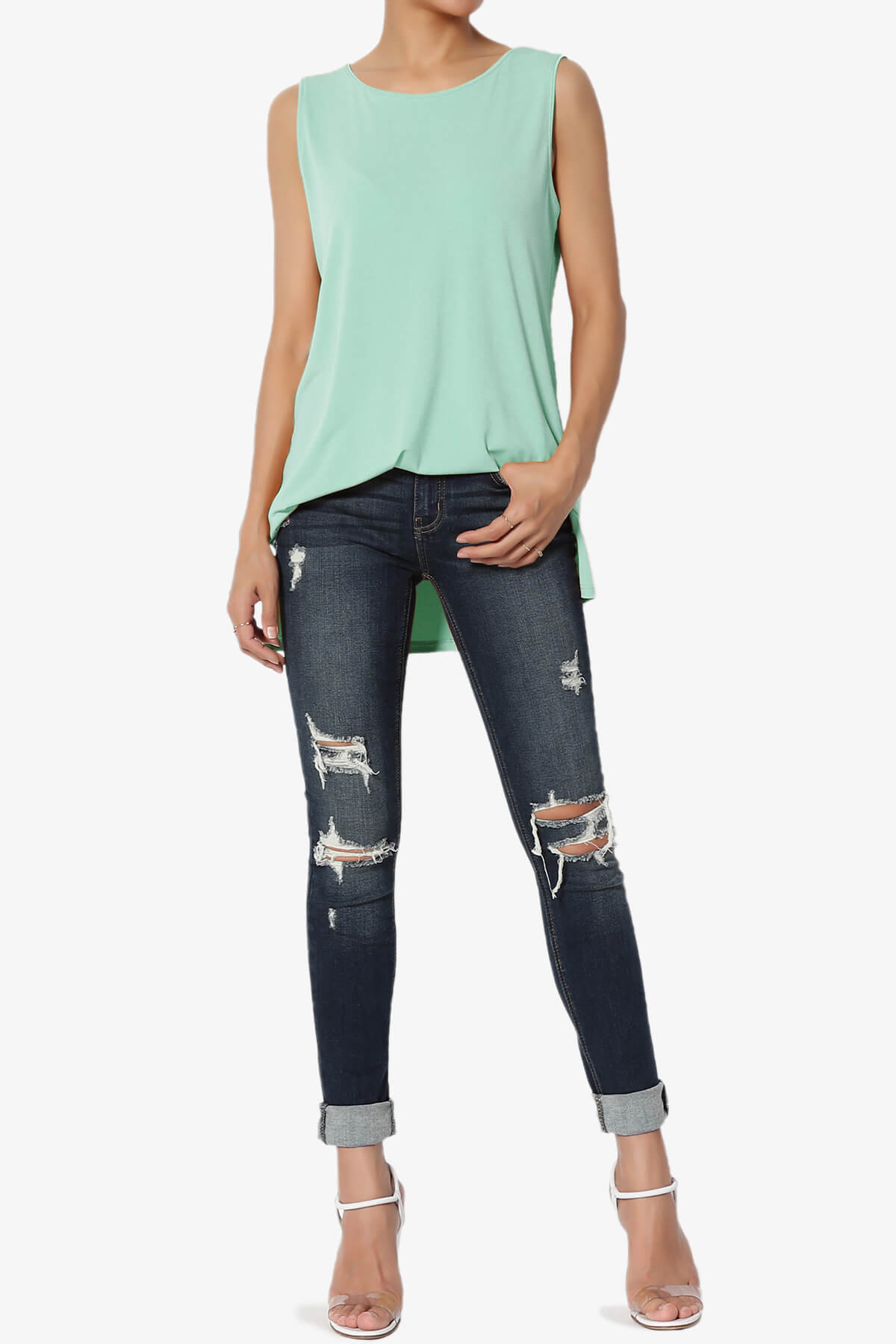 Lilly Sleeveless Side Slit Fluid Knit Tank Top DUSTY GREEN_6