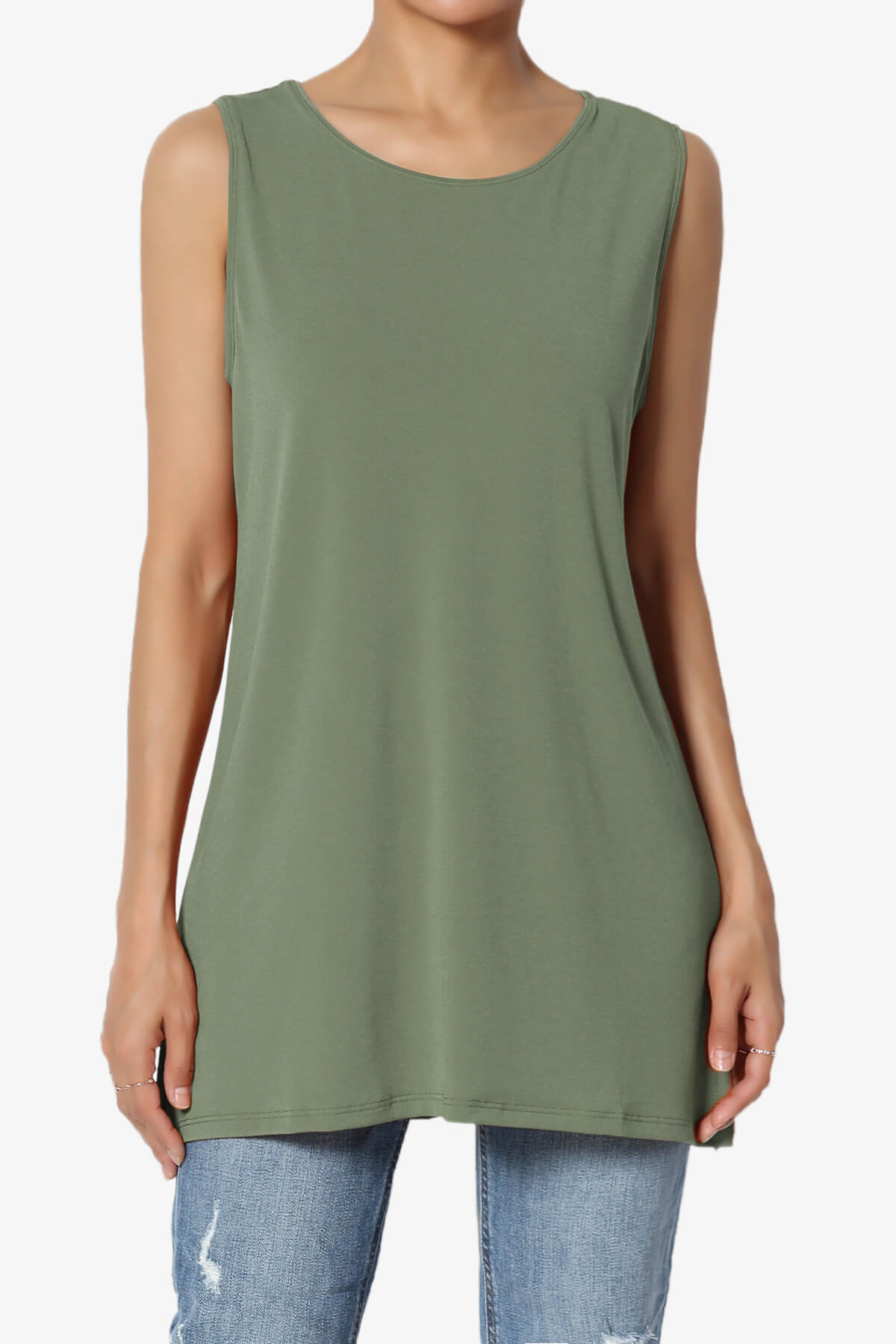 Lilly Sleeveless Side Slit Fluid Knit Tank Top DUSTY OLIVE_1