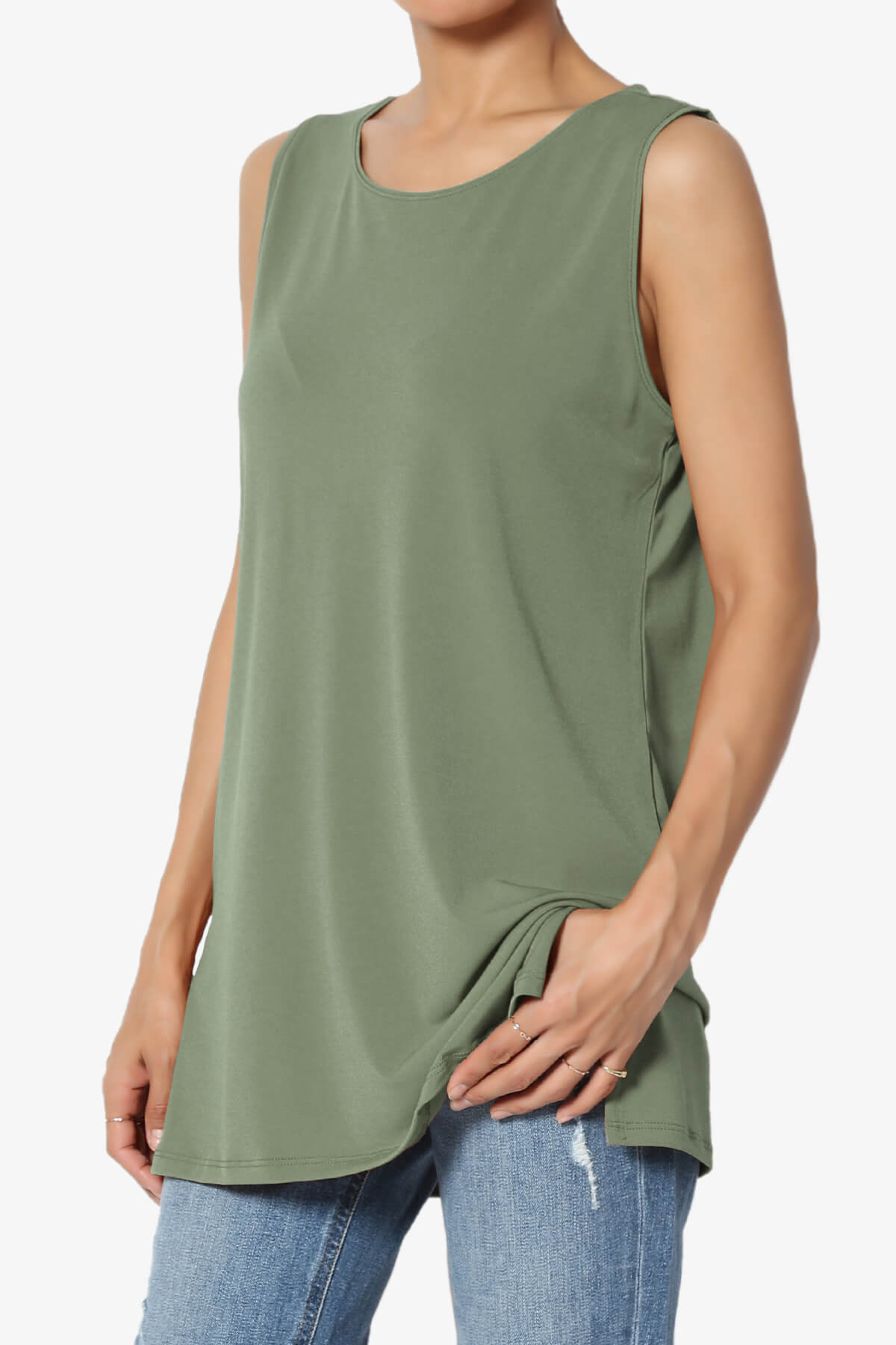 Lilly Sleeveless Side Slit Fluid Knit Tank Top DUSTY OLIVE_3