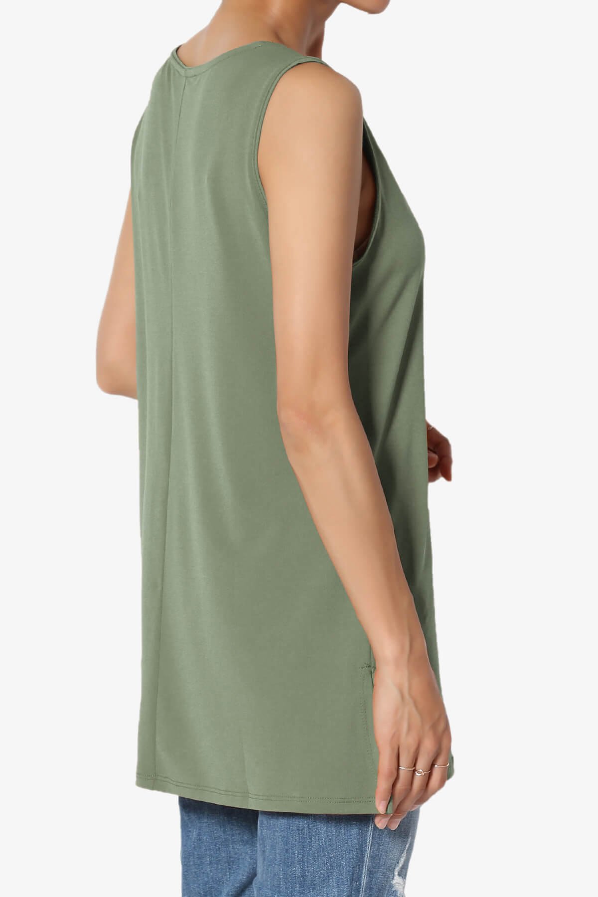 Lilly Sleeveless Side Slit Fluid Knit Tank Top DUSTY OLIVE_4