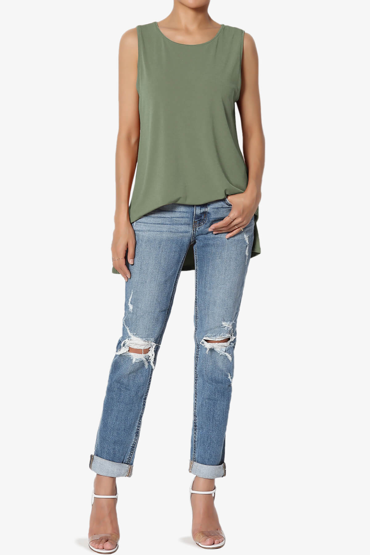 Lilly Sleeveless Side Slit Fluid Knit Tank Top DUSTY OLIVE_6