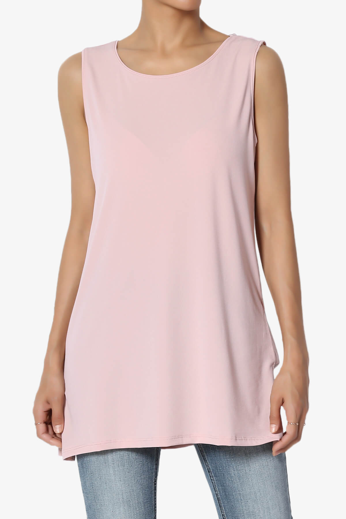 Lilly Sleeveless Side Slit Fluid Knit Tank Top DUSTY PINK_1