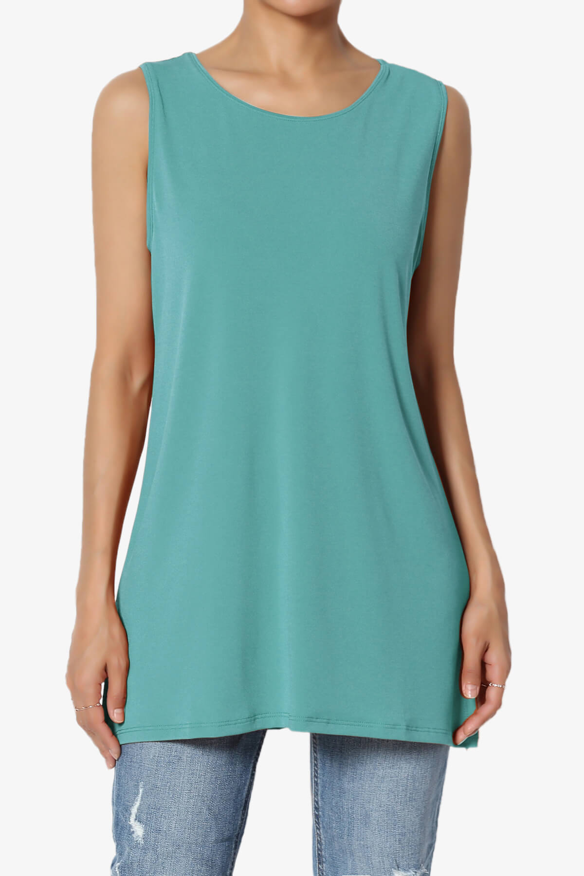 Lilly Sleeveless Side Slit Fluid Knit Tank Top DUSTY TEAL_1