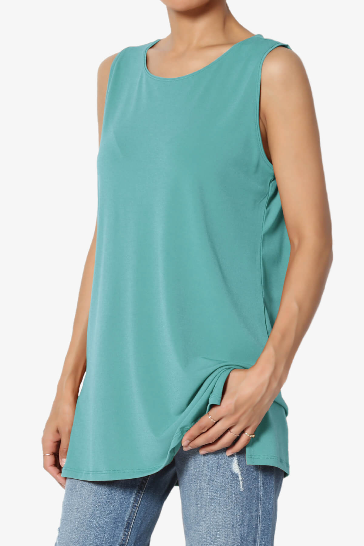 Lilly Sleeveless Side Slit Fluid Knit Tank Top DUSTY TEAL_3