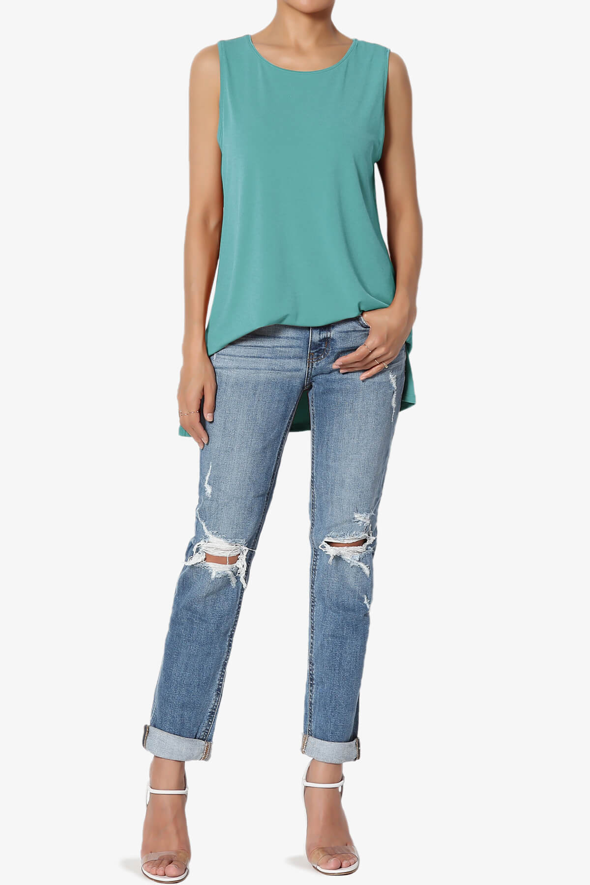 Lilly Sleeveless Side Slit Fluid Knit Tank Top DUSTY TEAL_6